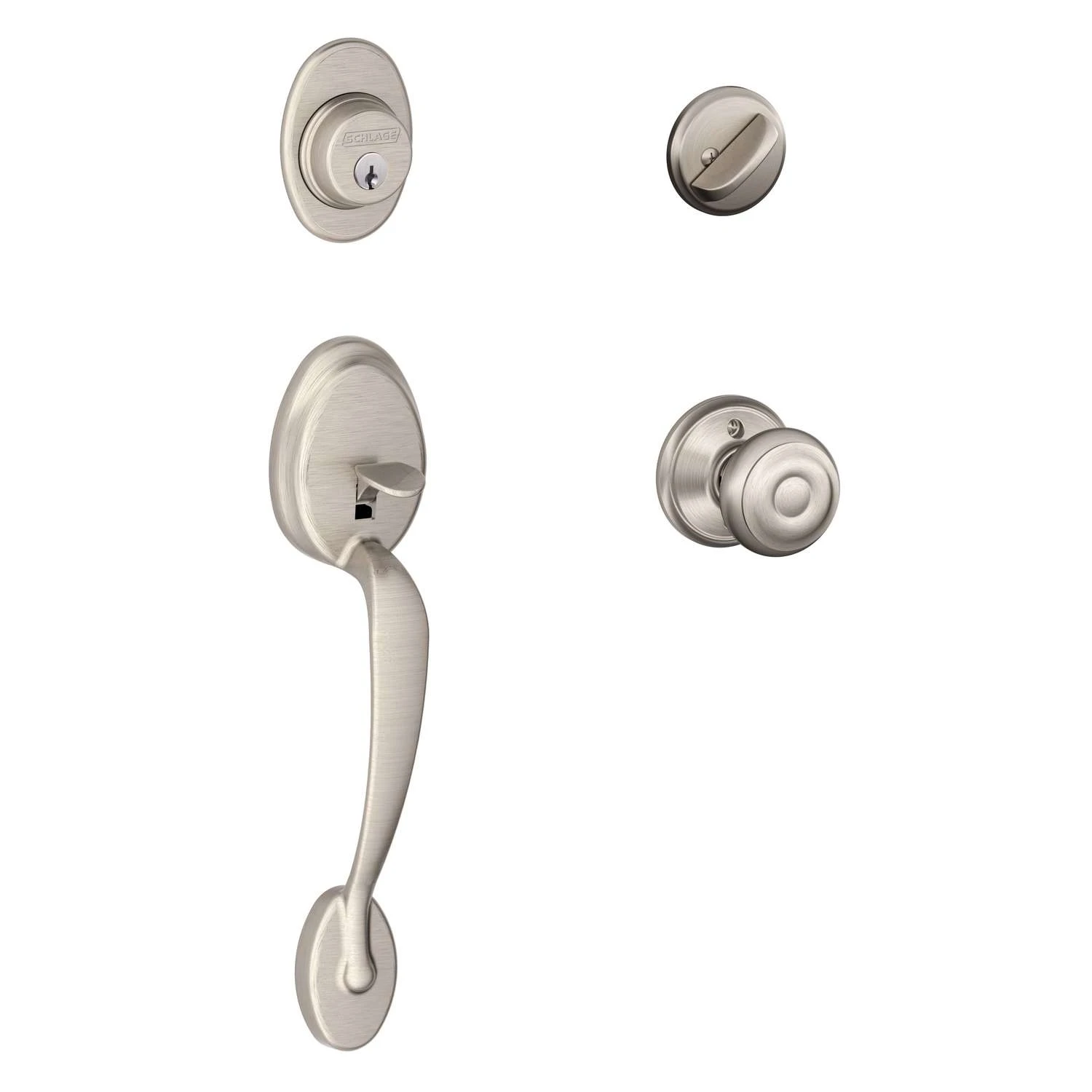 Schlage Plymouth, Georgian Satin Nickel Handleset Right Or Left Handed 1 Schlage Plymouth, Georgian Satin Nickel Handleset Right Or Left Handed