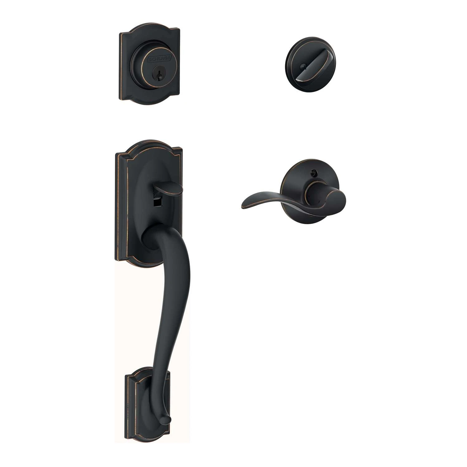 Schlage Camelot, Accent Aged Bronze Entry Handleset 1-3/4 In. 1 Schlage Camelot, Accent Aged Bronze Entry Handleset 1-3/4 In.