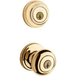 Kwikset SmartKey Juno Polished Brass Entry Knob And Single Cylinder Deadbolt KW1 1-3/4 In.